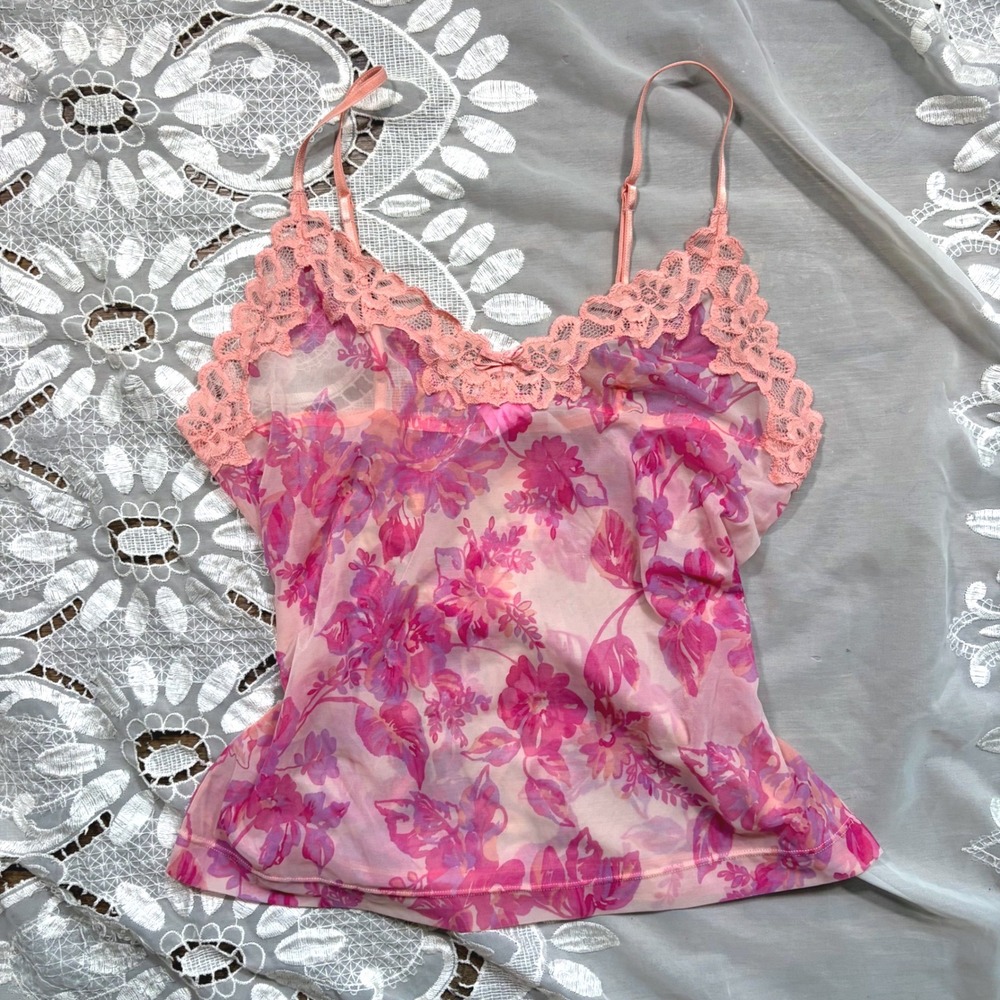 Y2K Cottage BabydollFloral Mesh Lace Trim Camisole Pink Purple Large